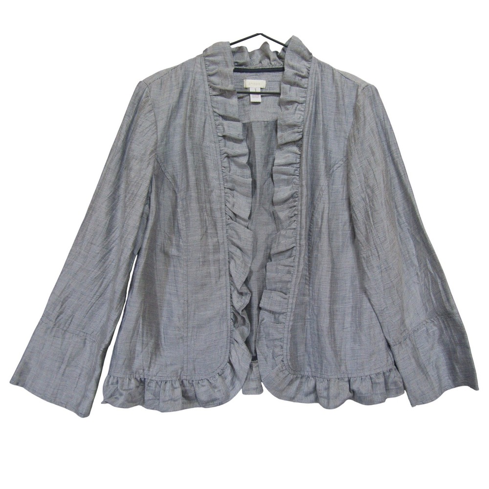 Chico's Ruffle Open Front Blazer Womens Medium Blue White Linen Blend Good
